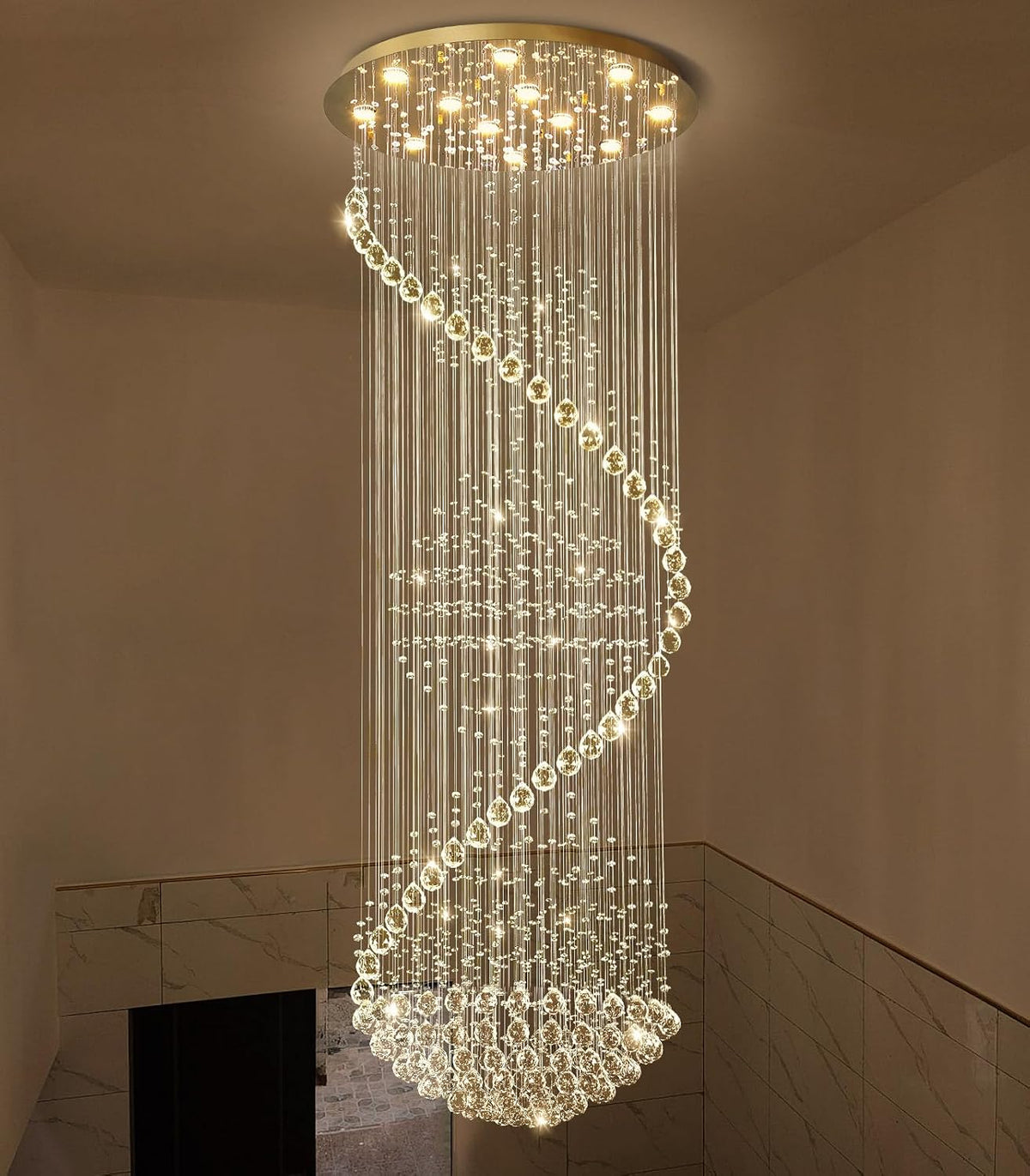 98'' Crystal Chandelier High Ceiling Chandeliers for Staircaes Large Raindrop Chandeliers LED Dimmable Flush Mount Light Fixtures for Foyer Hallway Entryway LED Bulbs Included Gold