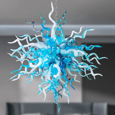 28" Hand Blown Glass Chandelier, Blue White Art Deco Pendant
