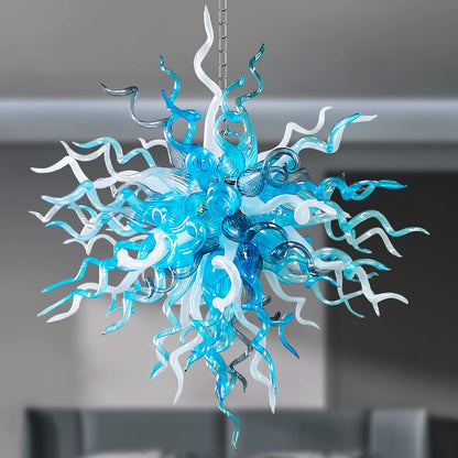 28" Hand Blown Glass Chandelier, Blue White Art Deco Pendant
