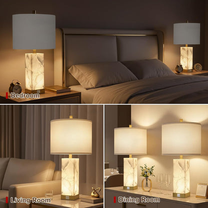 23" Alabaster Table Lamp Set of 2 for Living Room with Night Light