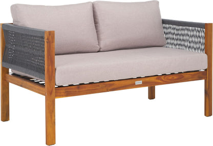 SAFAVIEH Outdoor Collection Wilson Brown Acacia Wood/Light Grey Cushion & Grey Rope 4-Piece Conversation Patio Set