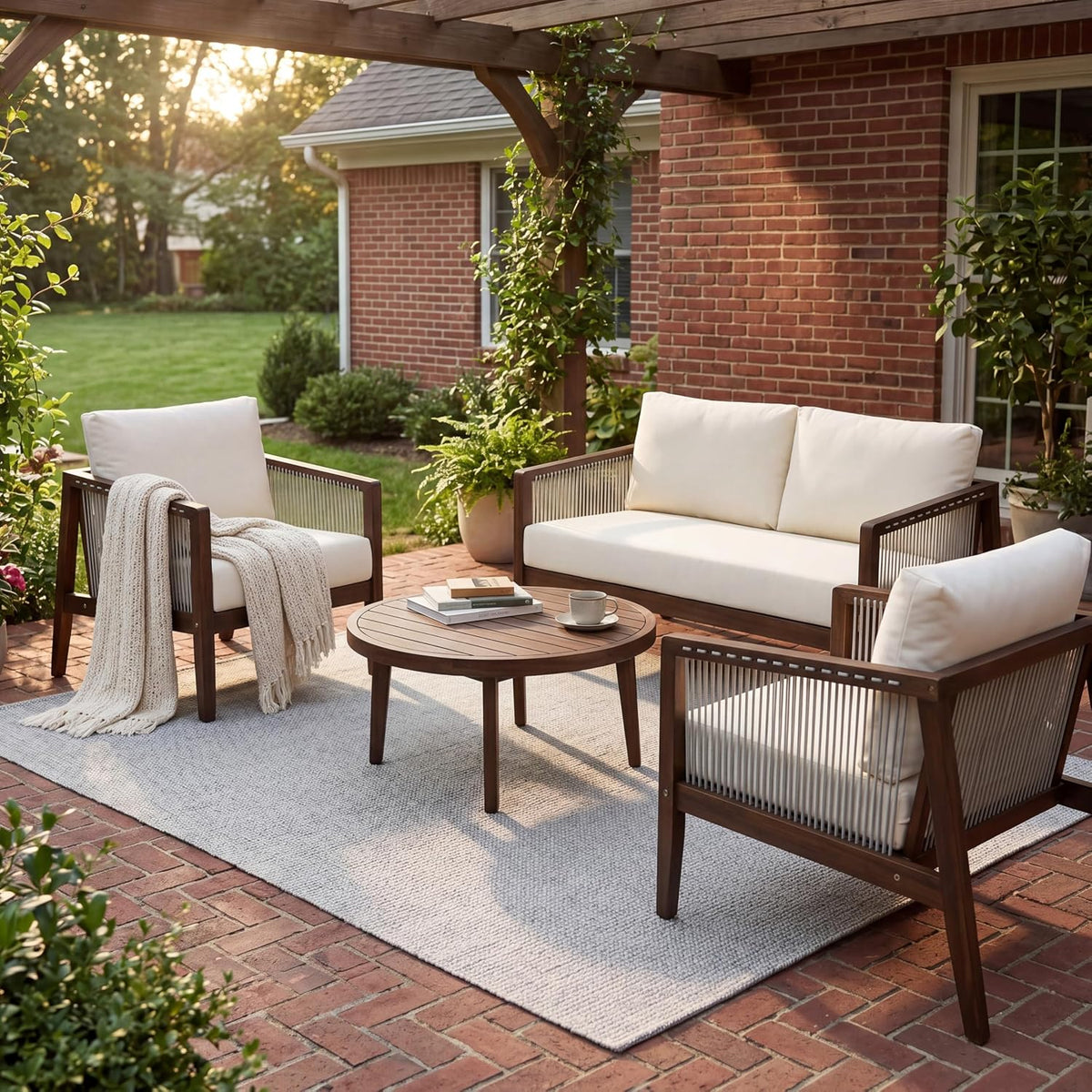 Outdoor 4-Piece Sofa Set with Acacia Wood Frame & Rope Detail, 2 Club Chairs, Loveseat & Coffee Table, Water-Repellent Beige Cushions for Patio, Backyard & Deck, Dark Brown