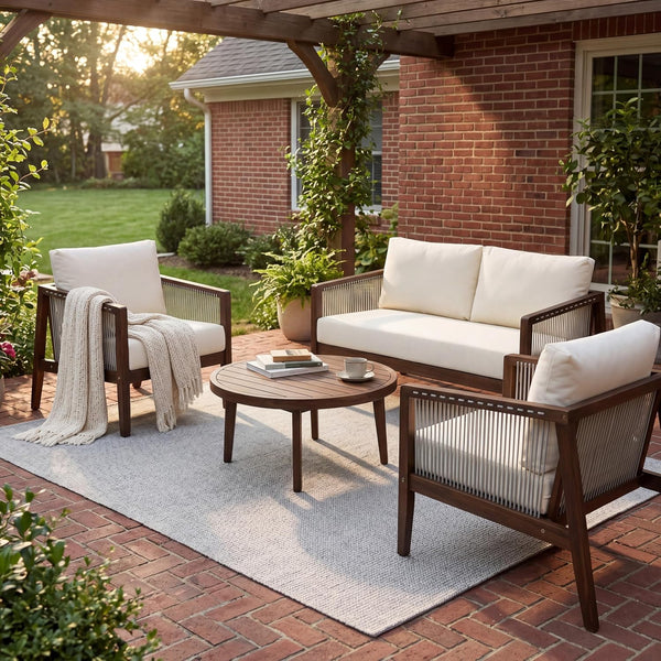 Outdoor 4-Piece Sofa Set with Acacia Wood Frame & Rope Detail, 2 Club Chairs, Loveseat & Coffee Table, Water-Repellent Beige Cushions for Patio, Backyard & Deck, Dark Brown