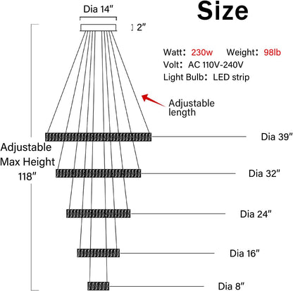 Large Modern Chandelier 5 Ring Chandeliers for High Ceiling Dimmable Black Chandelier High Ceiling Foyer Chandeliers for Living Room Dining Room Staircase