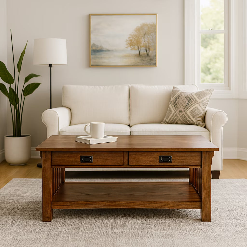 Leick Home Mission Solid Wood Coffee Table with Drawers and Shelf, Medium Oak Finish