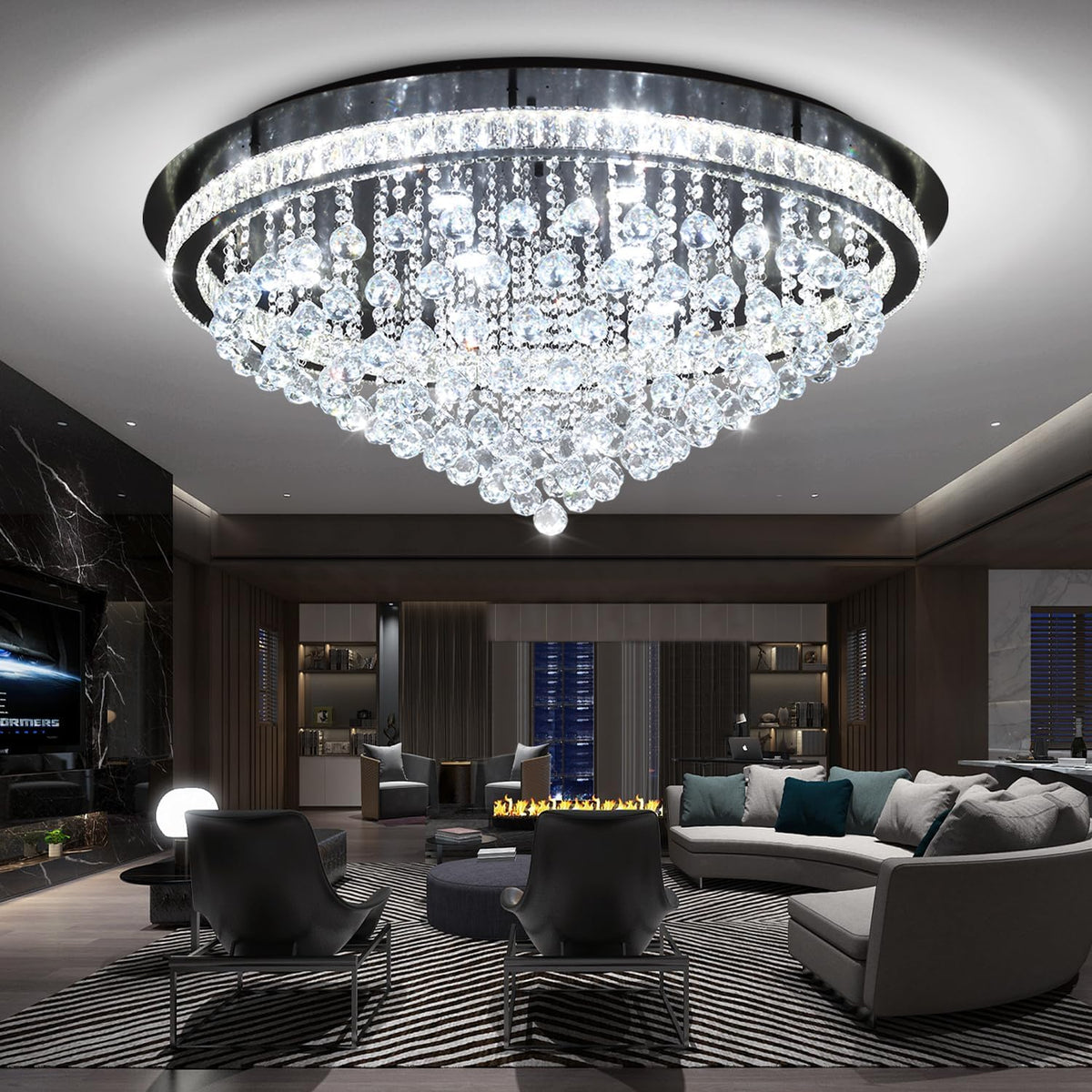 Dia 40" Modern Crystal Chandeliers for Living Room,Black Large Chandelier Flush Mount Chandeliers for Bedrooms Dining Room Dimmable 2700K 4500K 6000K