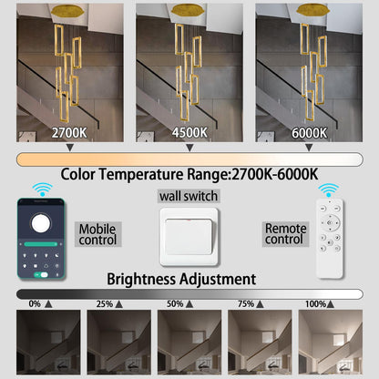 Modern Led Gold Chandelier Adjustable 6 Rings Crystal Chandelier for Living Room Foyer Stairwell Lighting High Ceiling Lamp Dimmable 2700K-6000K
