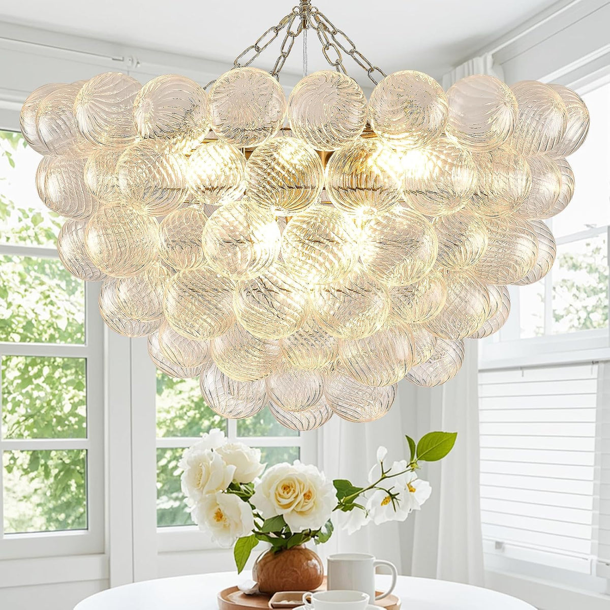 Bubble Chandelier for Dining Room, Dia 31.5" Gild Gold Brass Chandelier 10-Light Clear Ball Hand Blown Glass Chandeliers for Living Room Entryway round Cluster Globe Chandeliers (G9 LED Base)