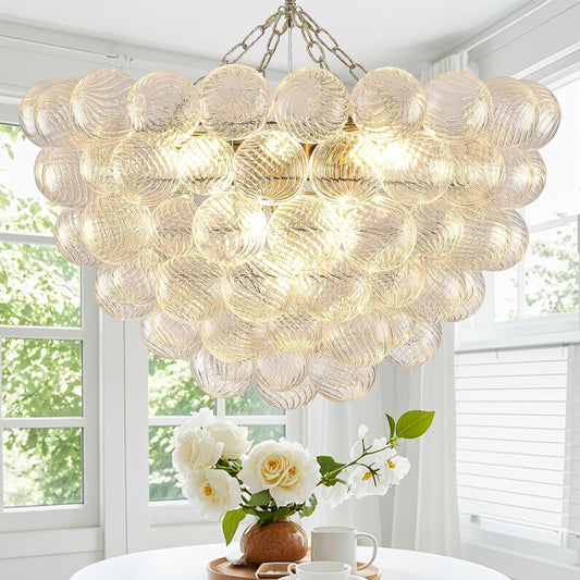Bubble Chandelier for Dining Room, Dia 31.5" Gild Gold Brass Chandelier 10-Light Clear Ball Hand Blown Glass Chandeliers for Living Room Entryway round Cluster Globe Chandeliers (G9 LED Base)