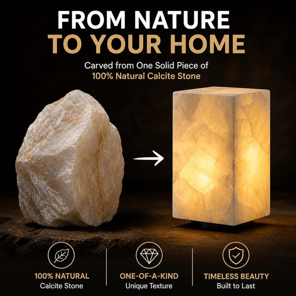 Natural Calcite Stone Table Lamp, Handcrafted Solid Stone Lamp with Unique Crystal Texture, Dimmable 3-Color LED, Modern Decorative Lamp for Bedroom Living Room-Cuboid White