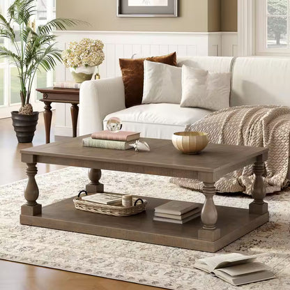 Rustic 43.5 In. Brown Rectangle Solid Wood Coffee Table with Storage Shelf, Artistic Vase Column Legs