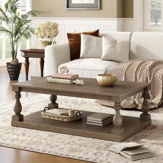 Rustic 43.5 In. Brown Rectangle Solid Wood Coffee Table with Storage Shelf, Artistic Vase Column Legs