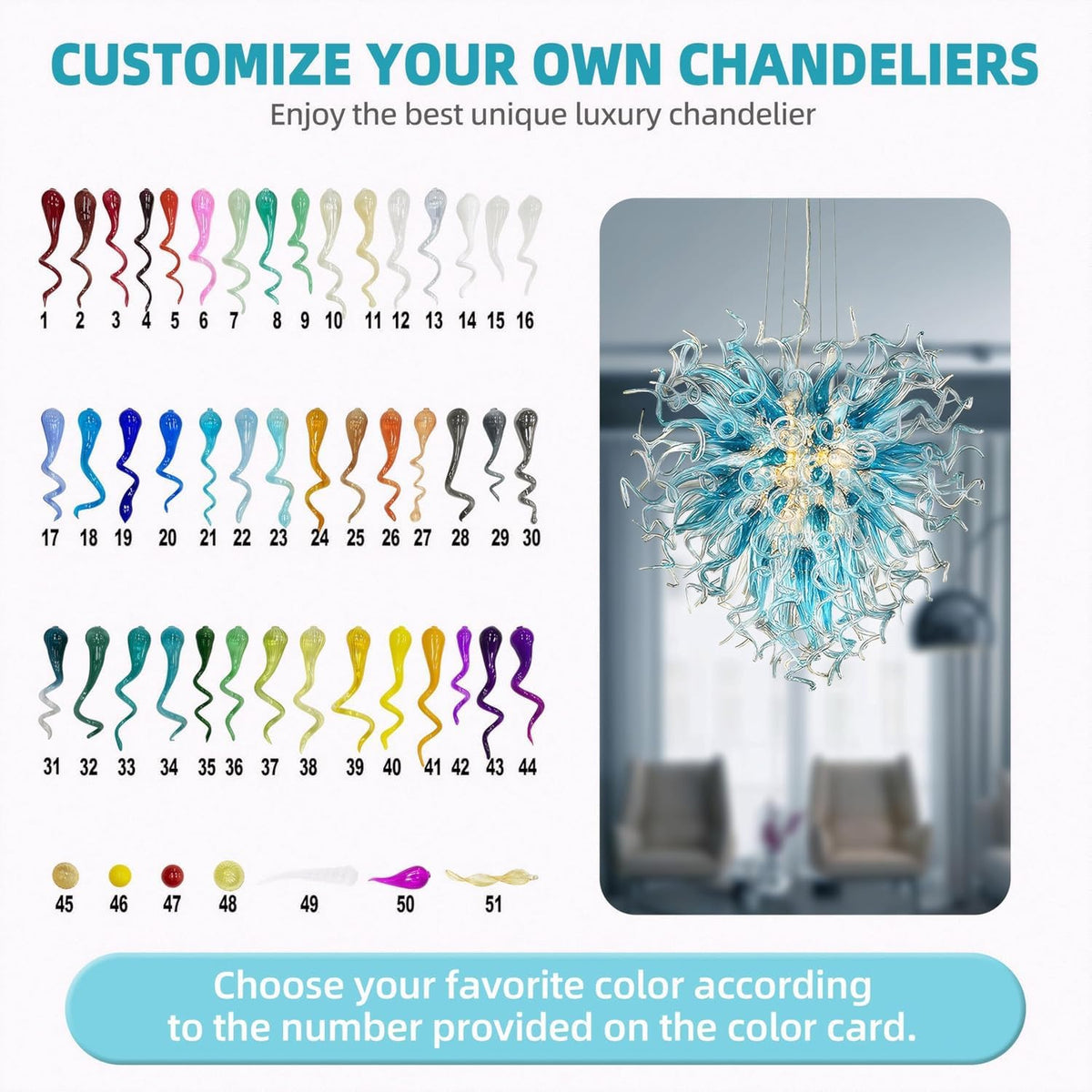 Chandeliers Modern Hand Blown Glass Art Chandelier, Hanging Pendant Ceiling Light Fixture for Kitchen, Bedroom, Dining Room, Hotel, Living Room; Customizable Size& Color