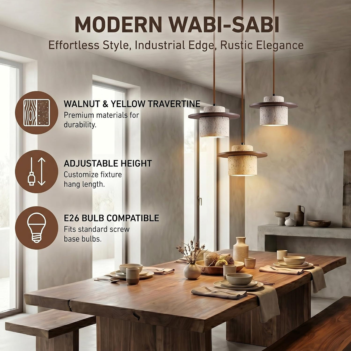 Yellow Travertine Ring Pendant Light, Walnut Wood Wabi Sabi Chandelier