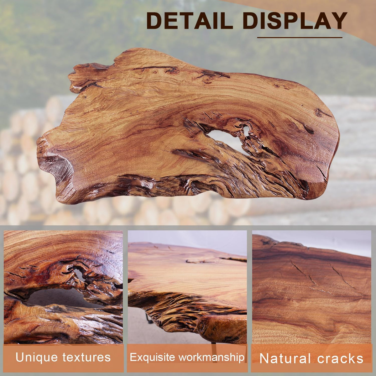 Rustic Coffee Table, Solid Camphor Wood Top, Live Edge, No Two Alike