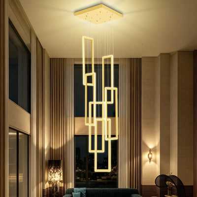 6-Ring Rectangle Chandelier | Foyer | High Ceiling Chandelier | Contemporary Large Led Gold Ring Chandeliers for Staircase Villa