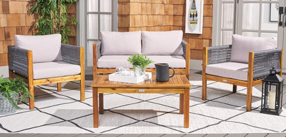 SAFAVIEH Outdoor Collection Wilson Brown Acacia Wood/Light Grey Cushion & Grey Rope 4-Piece Conversation Patio Set