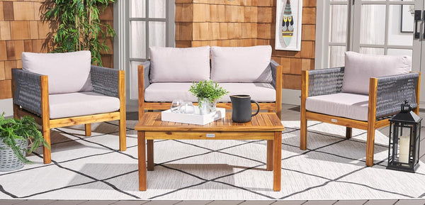 Outdoor Collection Wilson Brown Acacia Wood/Light Grey Cushion & Grey Rope 4-Piece Conversation Patio Set