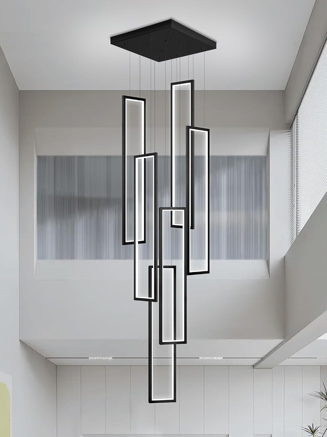 Modern Chandelier,Black Chandelier with 6 Ring Led Foyer Chandeliers,Larger High Ceiling Chandelier for Living Room,Square Chandelier for Entryway Staircase LED Dimming 2700K-6000K