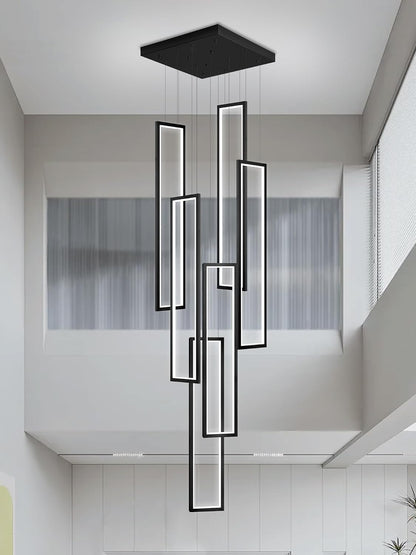 Modern Chandelier,Black Chandelier with 6 Ring Led Foyer Chandeliers,Larger High Ceiling Chandelier for Living Room,Square Chandelier for Entryway Staircase LED Dimming 2700K-6000K