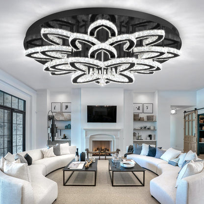 40" Modern Crystal Chandelier for Dining Room LED Dimmable Flush Mount Chandeliers Black Ceiling Chandelier for Living Room Bedrooms