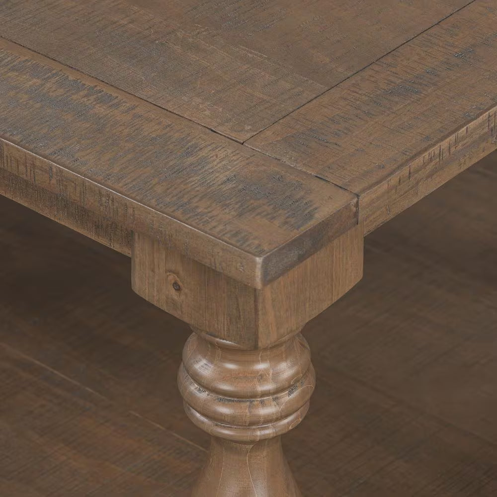 Rustic 43.5 In. Brown Rectangle Solid Wood Coffee Table with Storage Shelf, Artistic Vase Column Legs