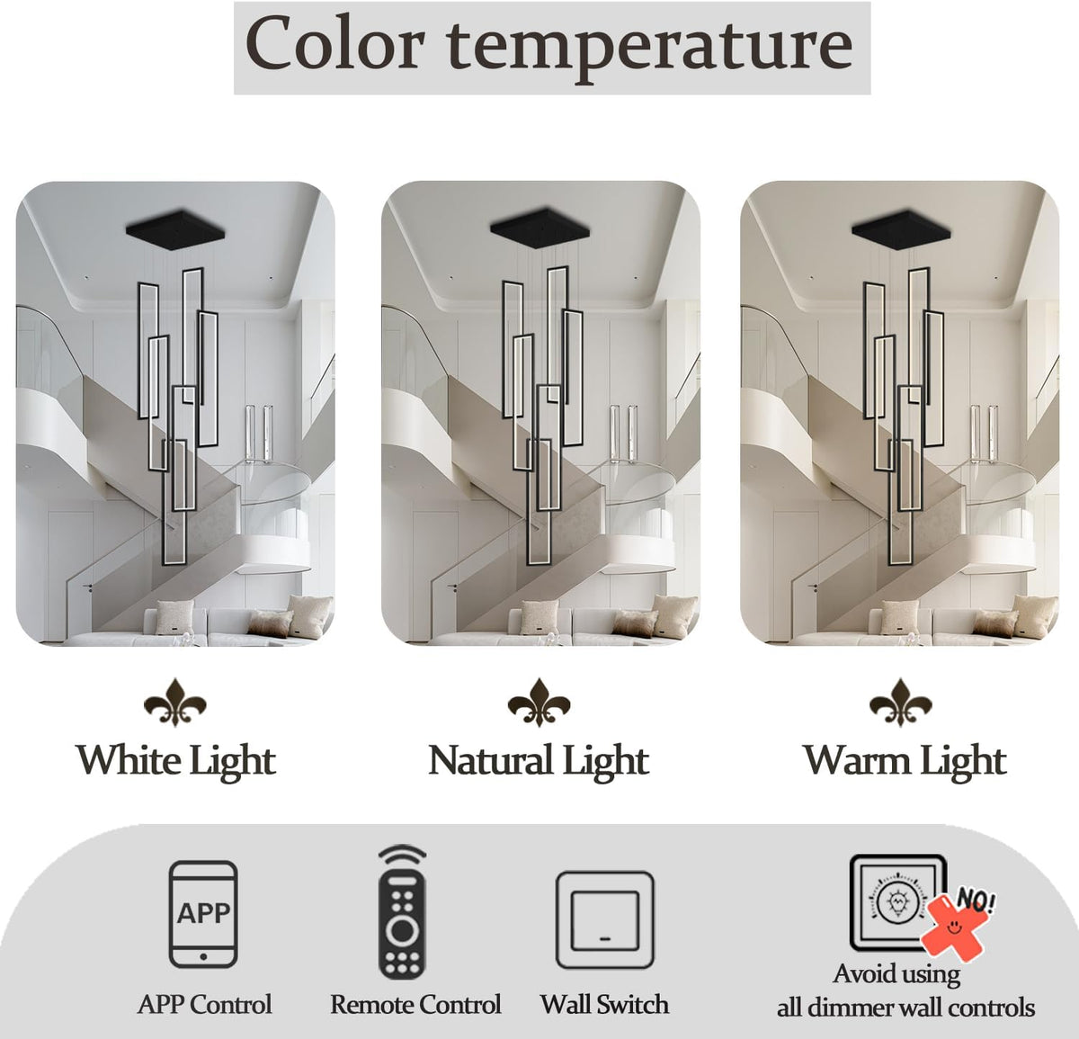 Modern Chandelier,Black Chandelier with 6 Ring Led Foyer Chandeliers,Larger High Ceiling Chandelier for Living Room,Square Chandelier for Entryway Staircase LED Dimming 2700K-6000K
