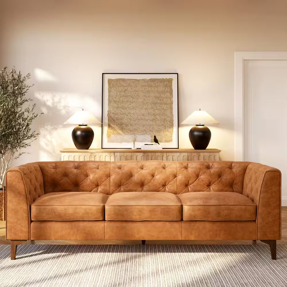 Essex 89 In. Square Arm 3-Seater Sofa in Cognac Tan