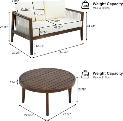 Outdoor 4-Piece Sofa Set with Acacia Wood Frame & Rope Detail, 2 Club Chairs, Loveseat & Coffee Table, Water-Repellent Beige Cushions for Patio, Backyard & Deck, Dark Brown