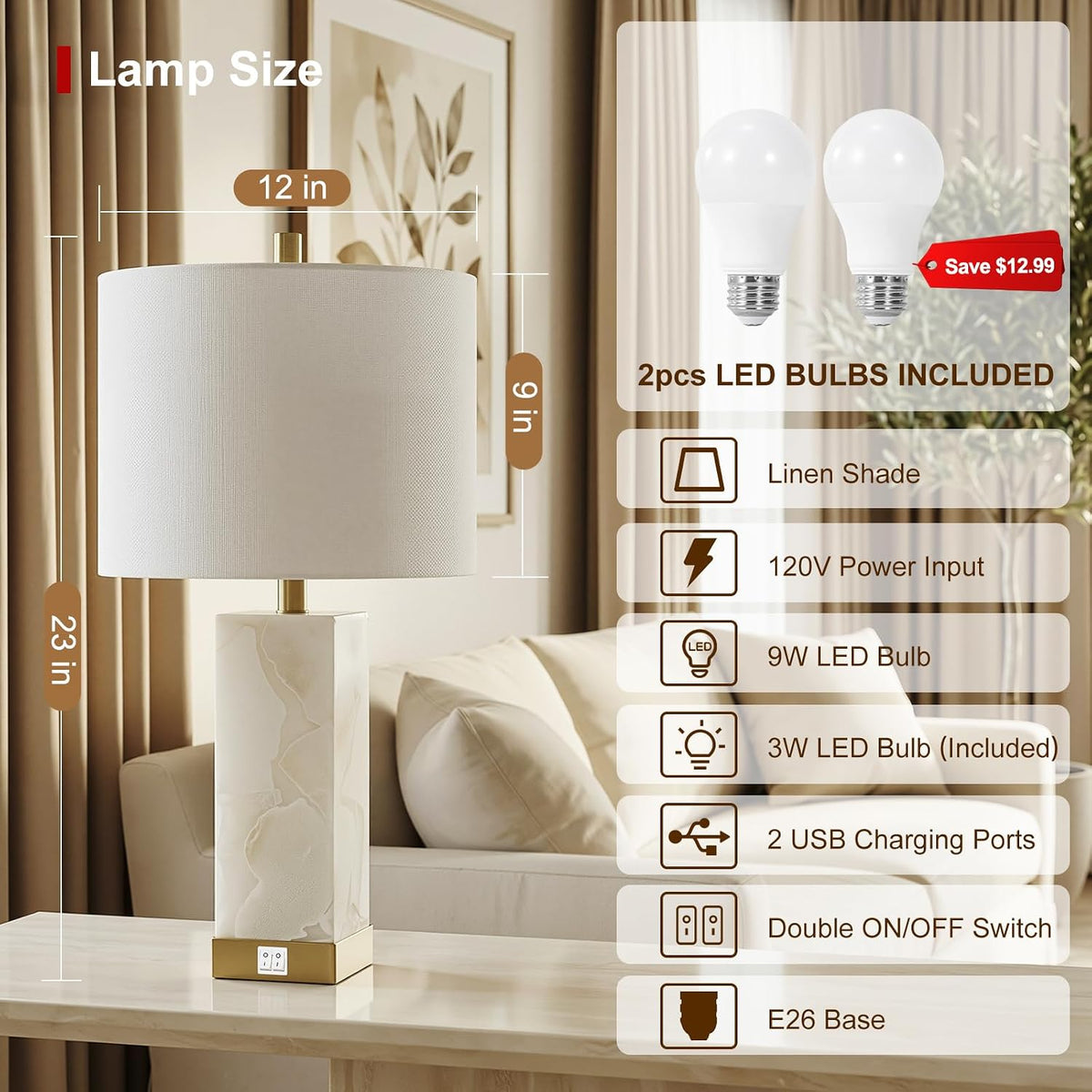 23" Alabaster Table Lamp Set of 2 for Living Room with Night Light