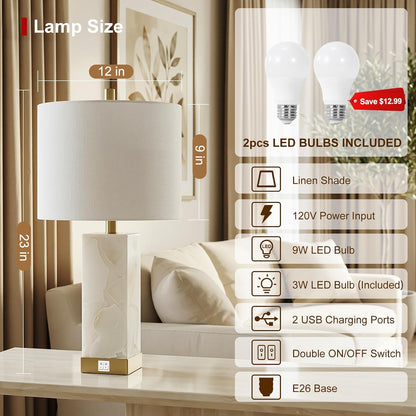 23" Alabaster Table Lamp Set of 2 for Living Room with Night Light