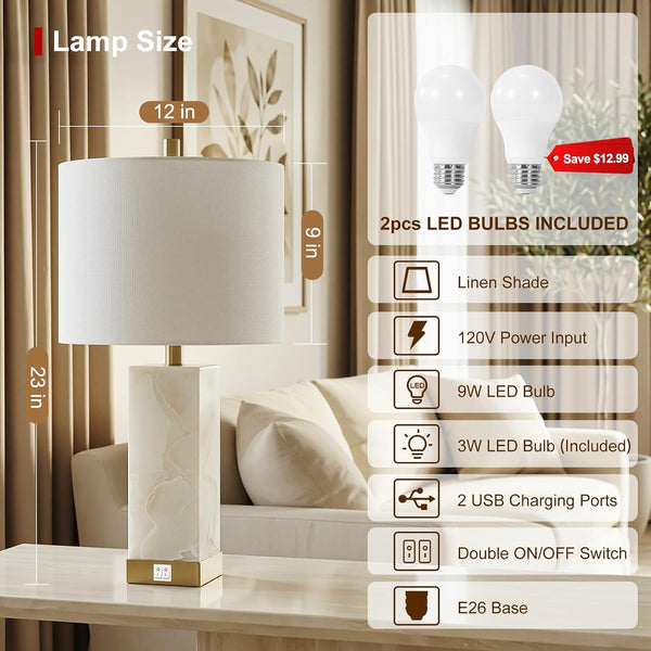 23" Alabaster Table Lamp Set of 2 for Living Room with Night Light