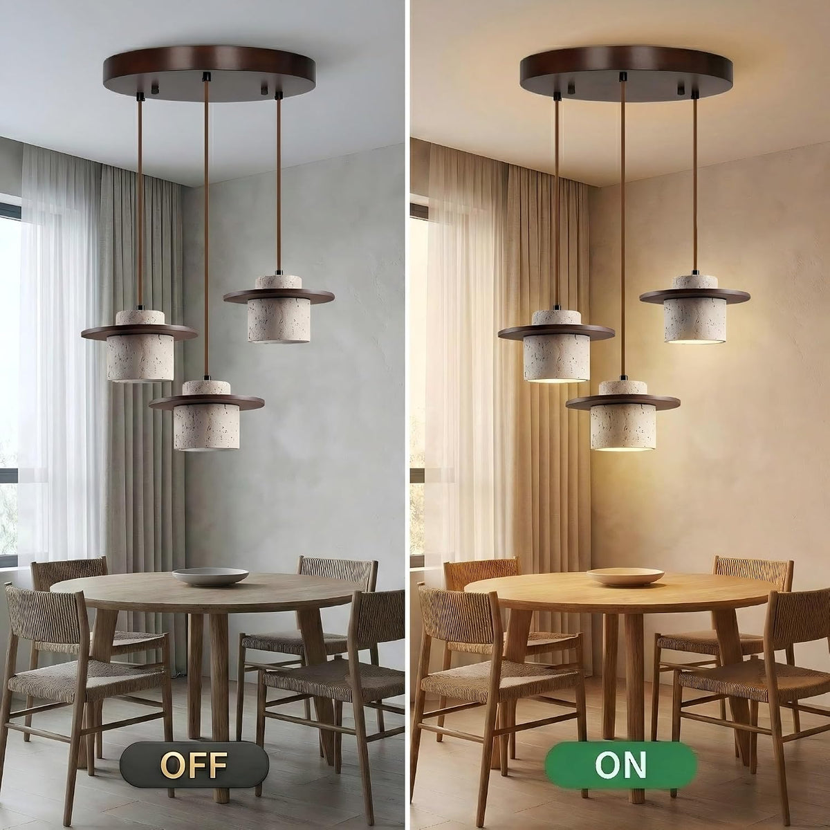 Yellow Travertine Ring Pendant Light, Walnut Wood Wabi Sabi Chandelier