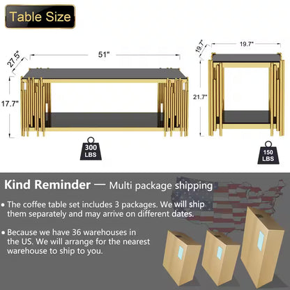 51 In. Black Rectangle Glass Coffee Table, Tempered Glass and Stainless Steel Legs, 2-Tier Center Table for Living Room