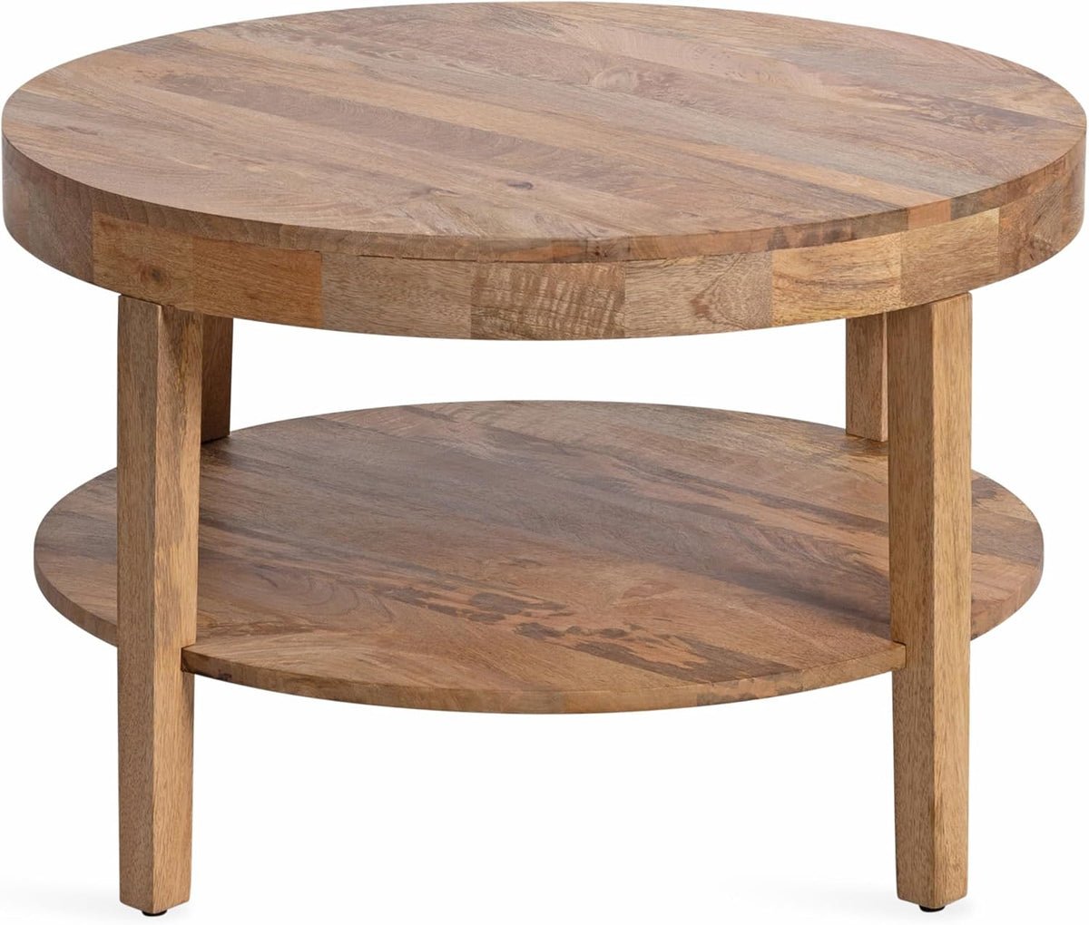 Talcott Tiered Modern round Coffee Table, 28 X 28 X 18, Natural Wood, Transitional Two-Tier Circle Living Room Table with Storage and Mango Wood Construction