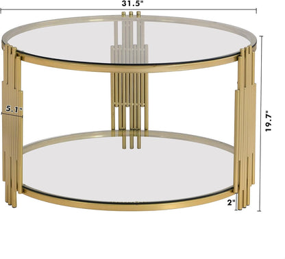Koase Modern Mirror Coffee Table with Asymmetrical Gold Metal Base, 31.5" round Glass Top Center Accent Table, Circular Drum Design and Lower Display Shelf, Living Room Decor, Transparent