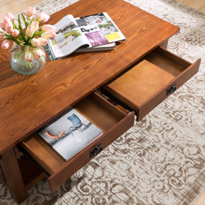 Leick Home Mission Solid Wood Coffee Table with Drawers and Shelf, Medium Oak Finish