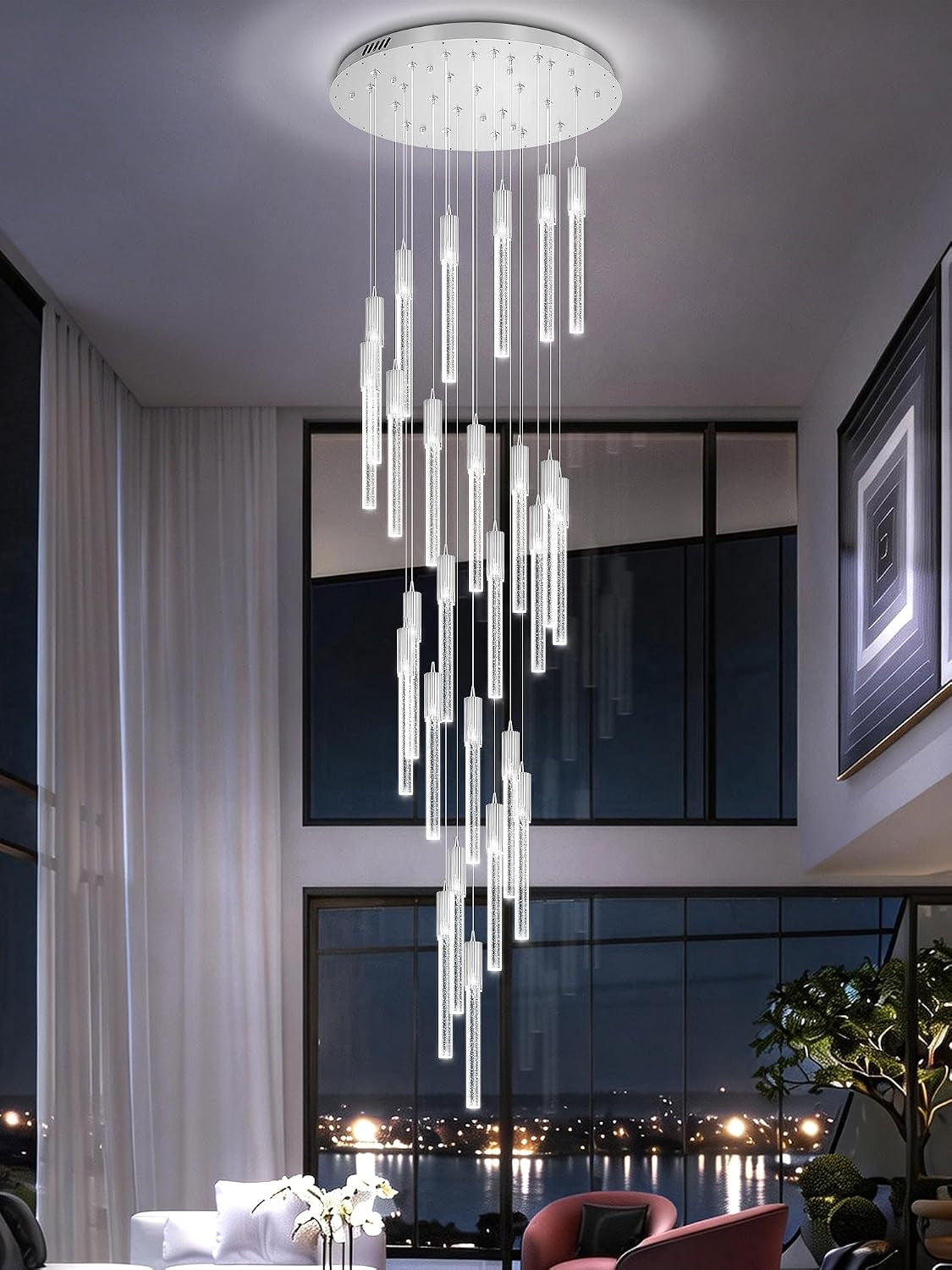 High Ceiling Chandeliers Long Spiral Chandeliers for Entryway H144Inch Modern Crystal Chandelier for Staircase Foyer Living Room Sloped Ceilings Light Fixture