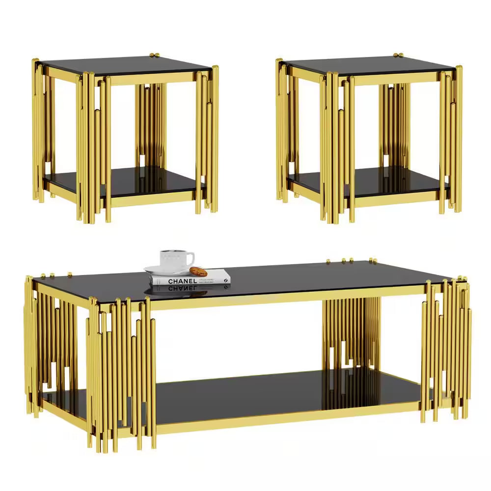 51 In. Black Rectangle Glass Coffee Table, Tempered Glass and Stainless Steel Legs, 2-Tier Center Table for Living Room