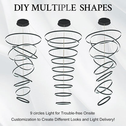 9-Rings D39.4In Modern LED Chandelier Black Dimmable High Ceiling Foyer Chandeliers Entryway with Remote Control for Staircase Entryway Living Room Foyer, 3000K-6500K