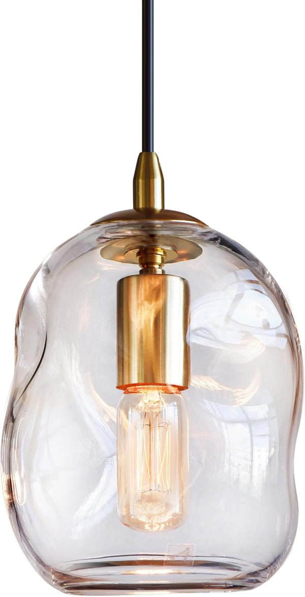 Glass Pendant Light, Brass Gold,Organic Globe 8 Inch H