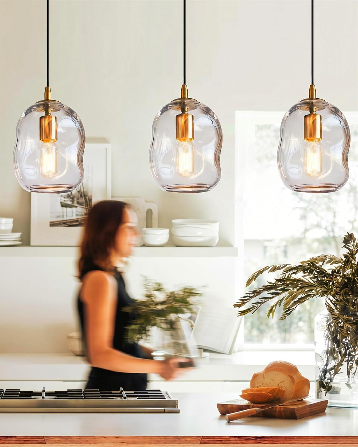 Glass Pendant Light, Brass Gold,Organic Globe 8 Inch H