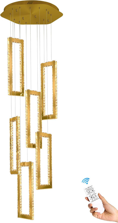 Modern Led Gold Chandelier Adjustable 6 Rings Crystal Chandelier for Living Room Foyer Stairwell Lighting High Ceiling Lamp Dimmable 2700K-6000K