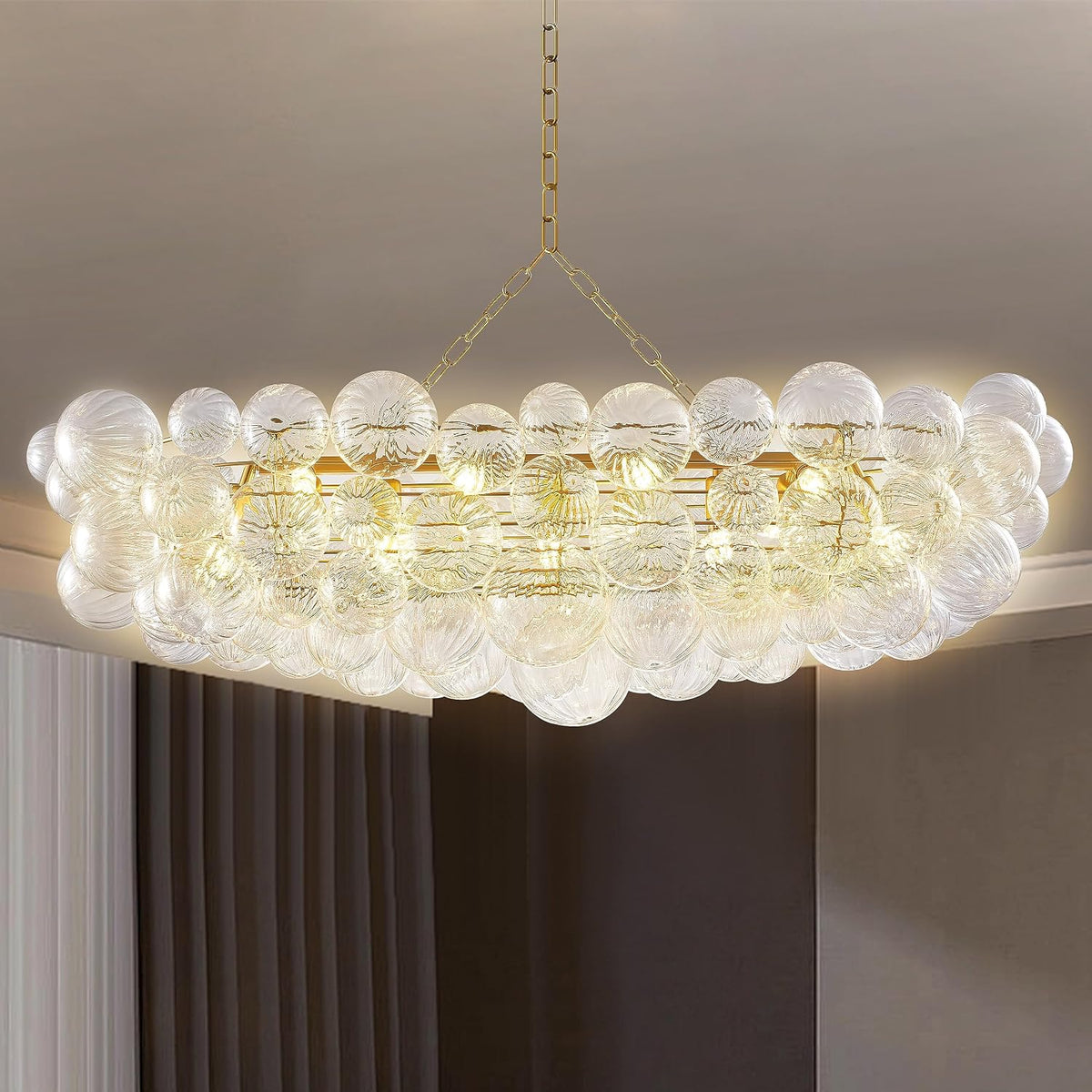 Nordic Bubble Ball Swirled Glass Long Chandelier 50 Inches Gold and Clear