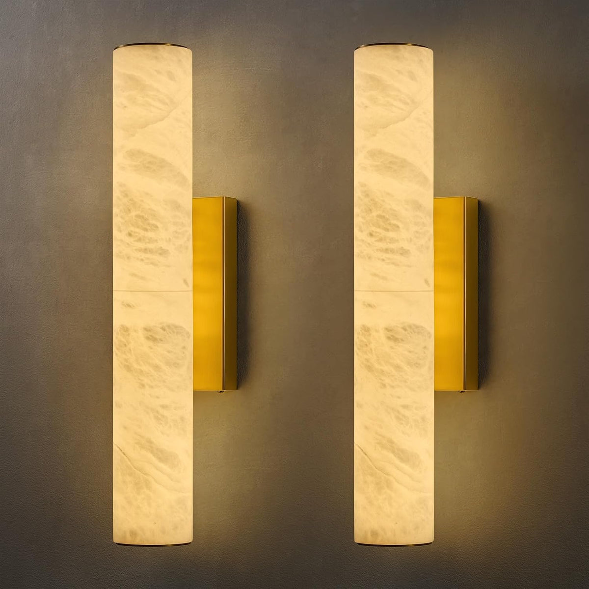 Natural Alabaster Brass Wall Sconce: Set of 2 Marble Stone Vanity Sconces