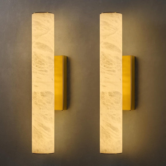 Natural Alabaster Brass Wall Sconce: Set of 2 Marble Stone Vanity Sconces