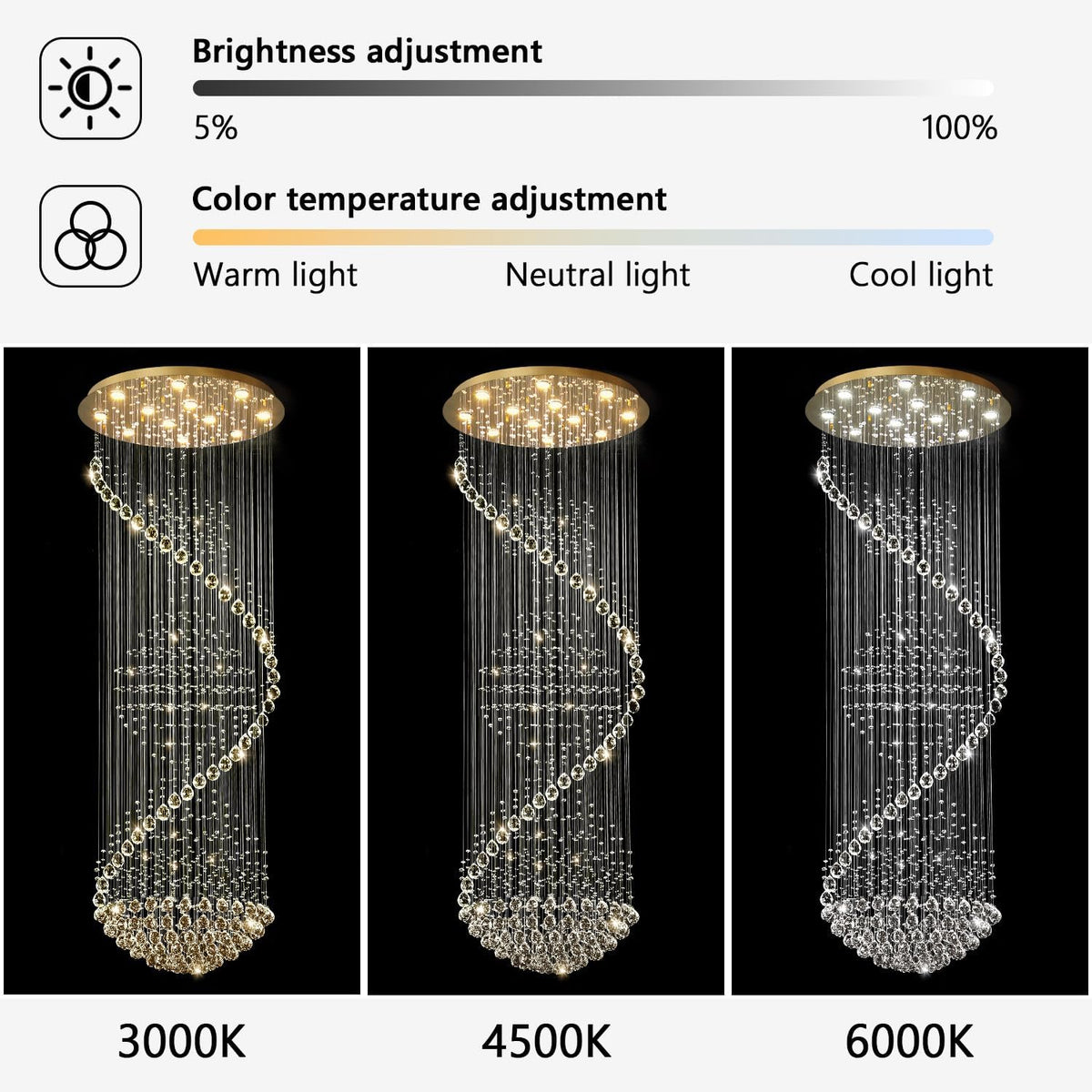 98'' Crystal Chandelier High Ceiling Chandeliers for Staircaes Large Raindrop Chandeliers LED Dimmable Flush Mount Light Fixtures for Foyer Hallway Entryway LED Bulbs Included Gold