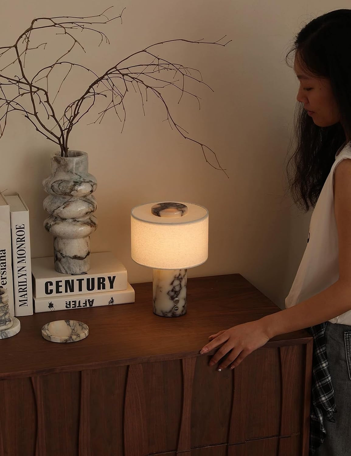 Marble Lamp, Stone Table Lamps Rechargeable Modern Decorative Touch Dimmable Cordless Luxury Design Bedside Lamp for Home Decor, Bedroom, Living Room & Office (Rechargeable Calacatta Viola Lamp)