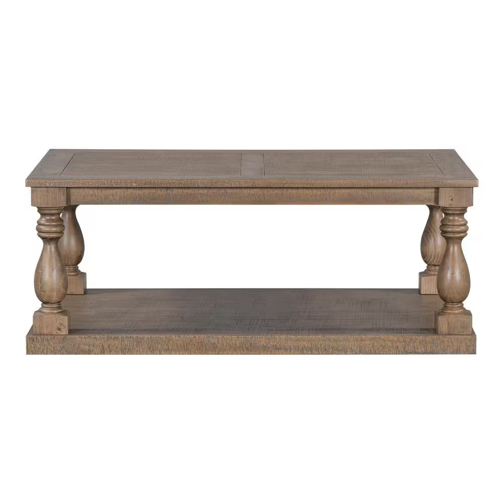 Rustic 43.5 In. Brown Rectangle Solid Wood Coffee Table with Storage Shelf, Artistic Vase Column Legs