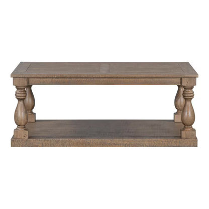 Rustic 43.5 In. Brown Rectangle Solid Wood Coffee Table with Storage Shelf, Artistic Vase Column Legs